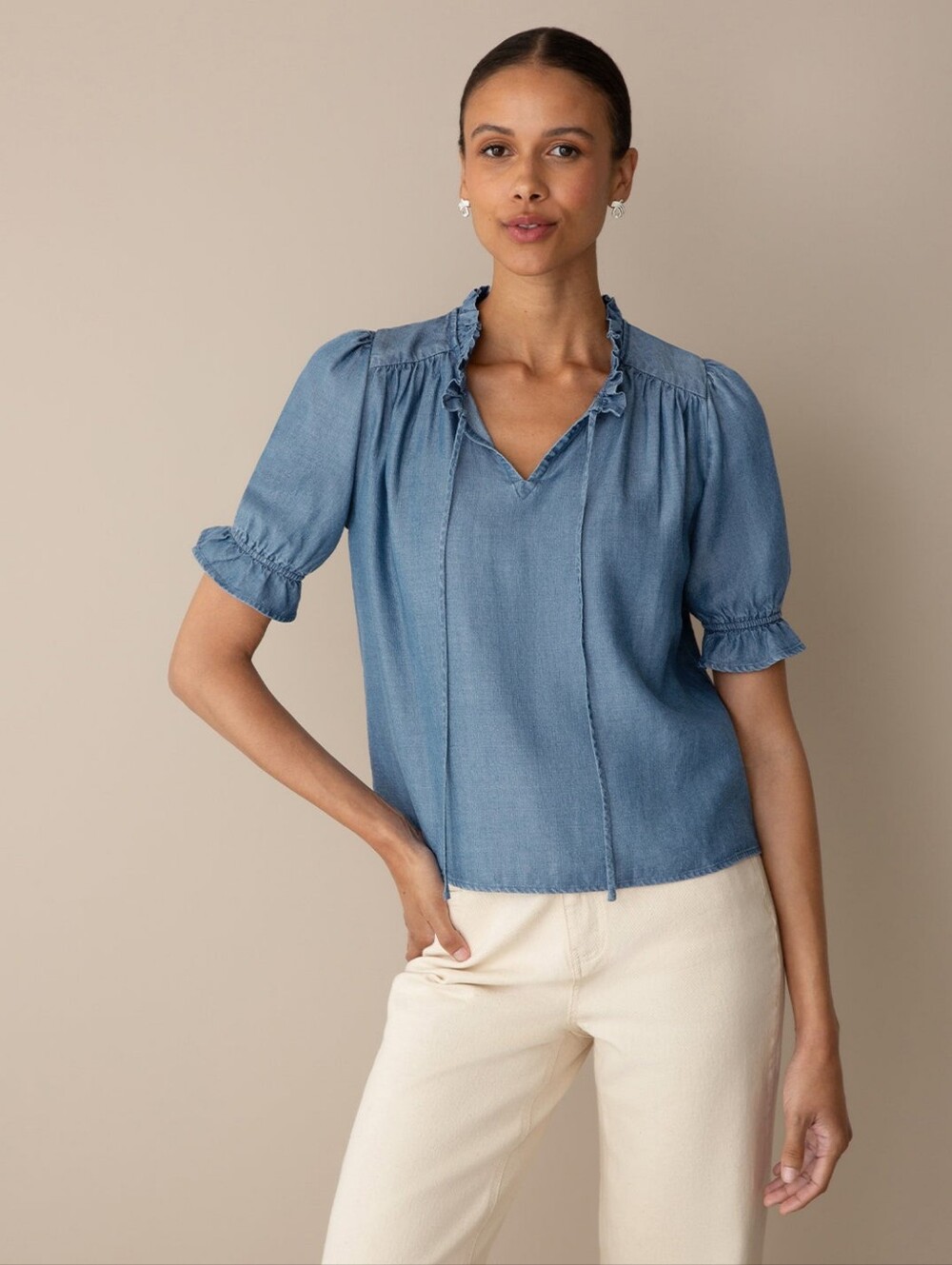 Draper James Chambray Peasant Top in Light Blue